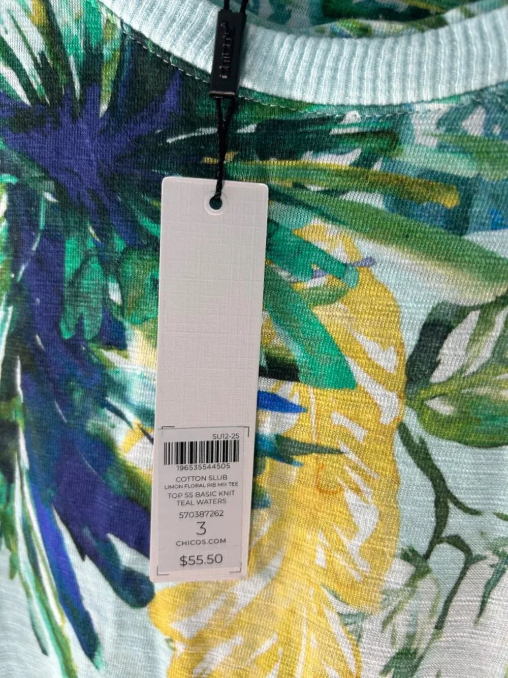 NWT Chico's Tropical Floral Print Tee Teal Waters Cotton Modal Top Size 3 - Picture 5 of 10